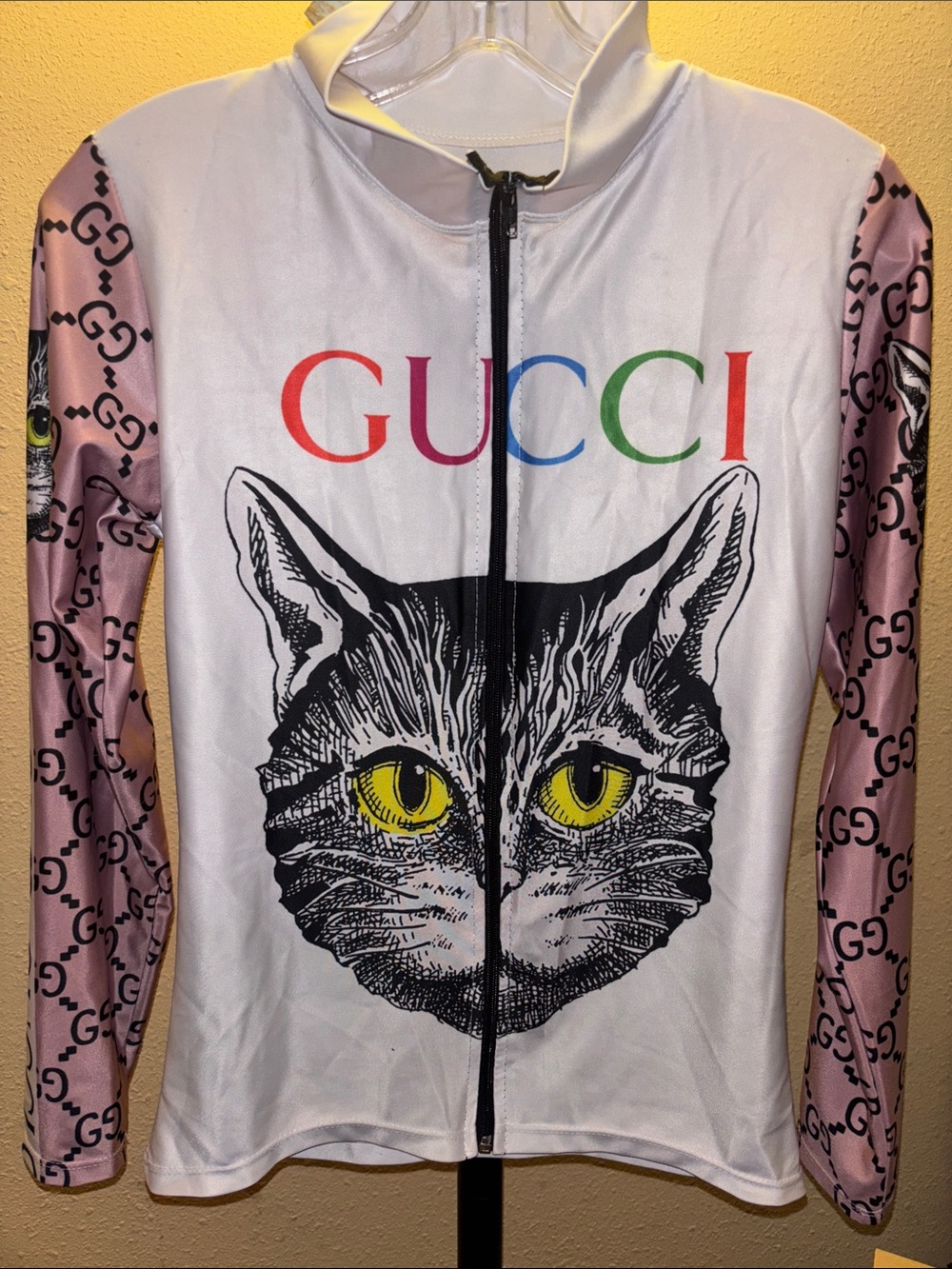 Gucci White Cat Graphic Jacket with Pink GG Logo Sleeves